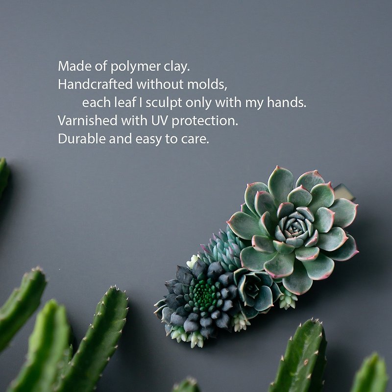 Crocodile hair clip with green succulents Fly Bunny Studio 02