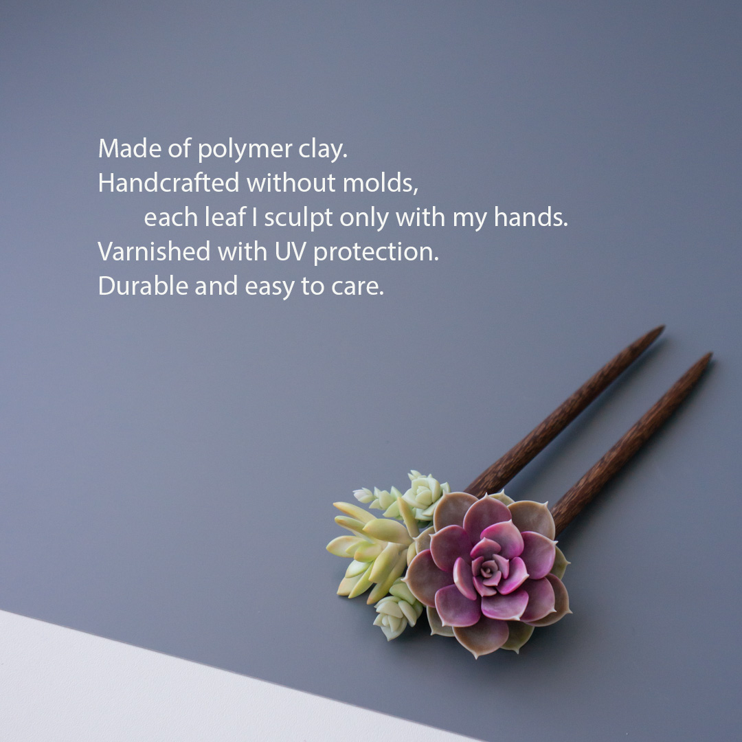 2_wooden_hairpin_with_polymer_clay_echeveria_perle_von_nurnberg_and_sedum_nussbaumerianum