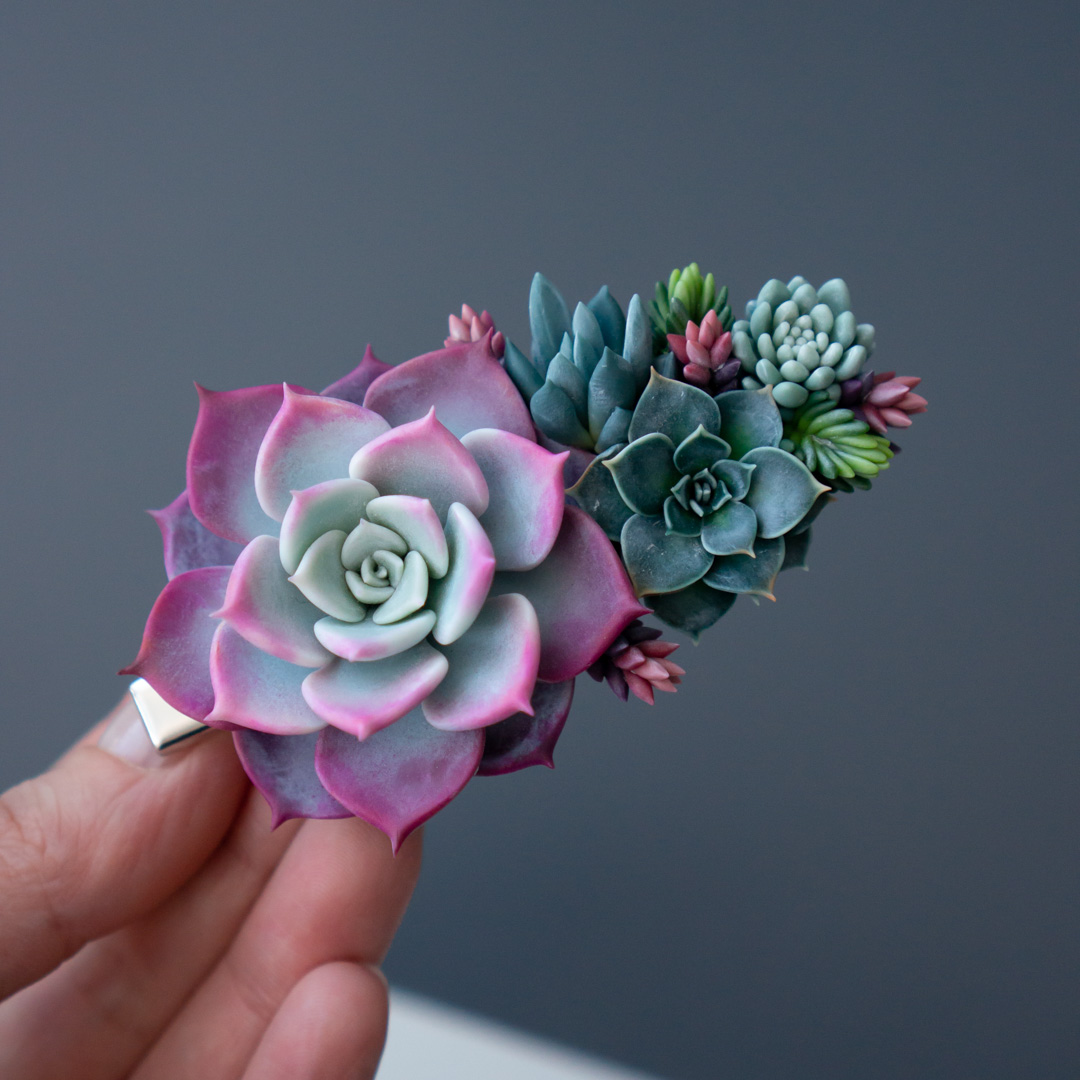 8_succulent_hair_clip_with_polymer_clay_echeveria_fairy_queen