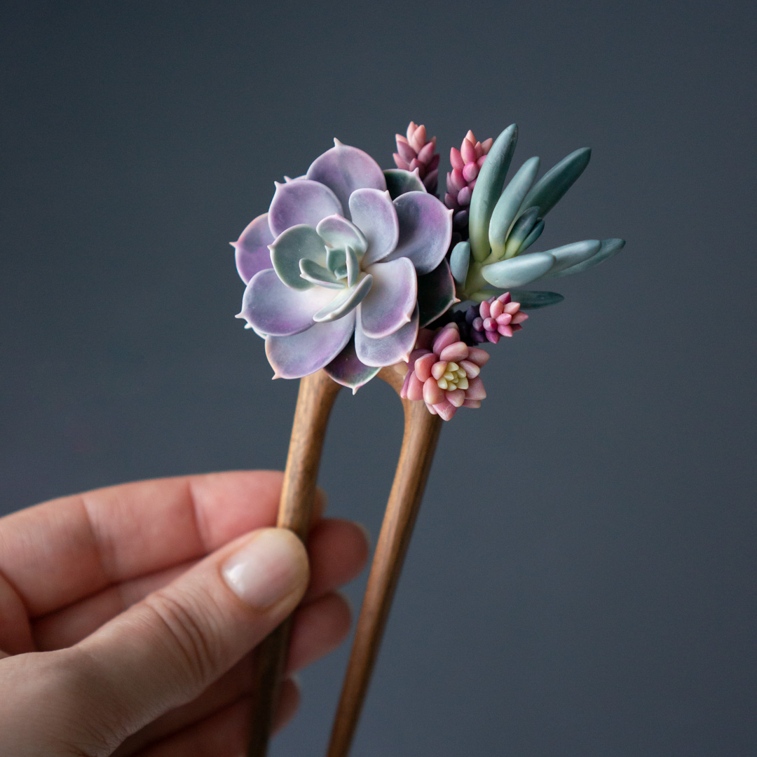 01_wooden_hairpin_with_echeveria_perle_von_nurnberg_senecio_serpens_sedeveria_pink_granite